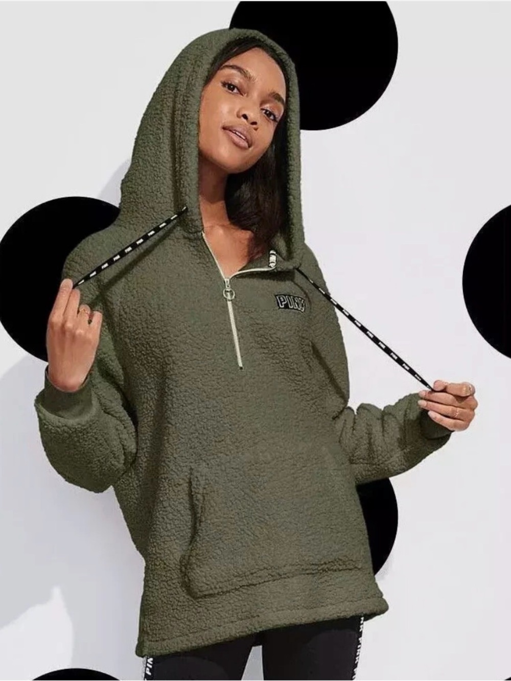 PINK Victoria's Secret Womans Sm Olive Green Sherpa Half-Zip Hoodie Like New